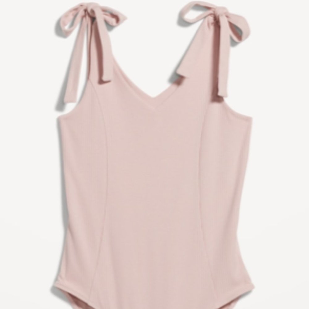 Tie-Shoulder V-Neck Rib-Knit Bodysuit for Women Size Small Abalone Pink NWT